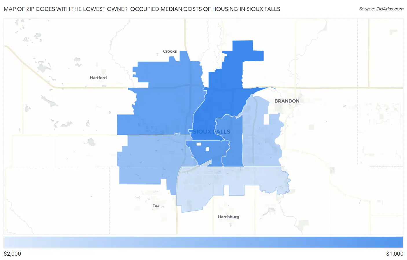 Zip Codes with the Lowest Owner-Occupied Median Costs of Housing in Sioux Falls Map