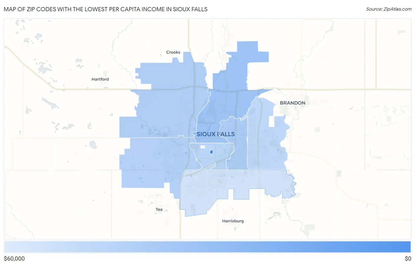 Zip Codes with the Lowest Per Capita Income in Sioux Falls Map