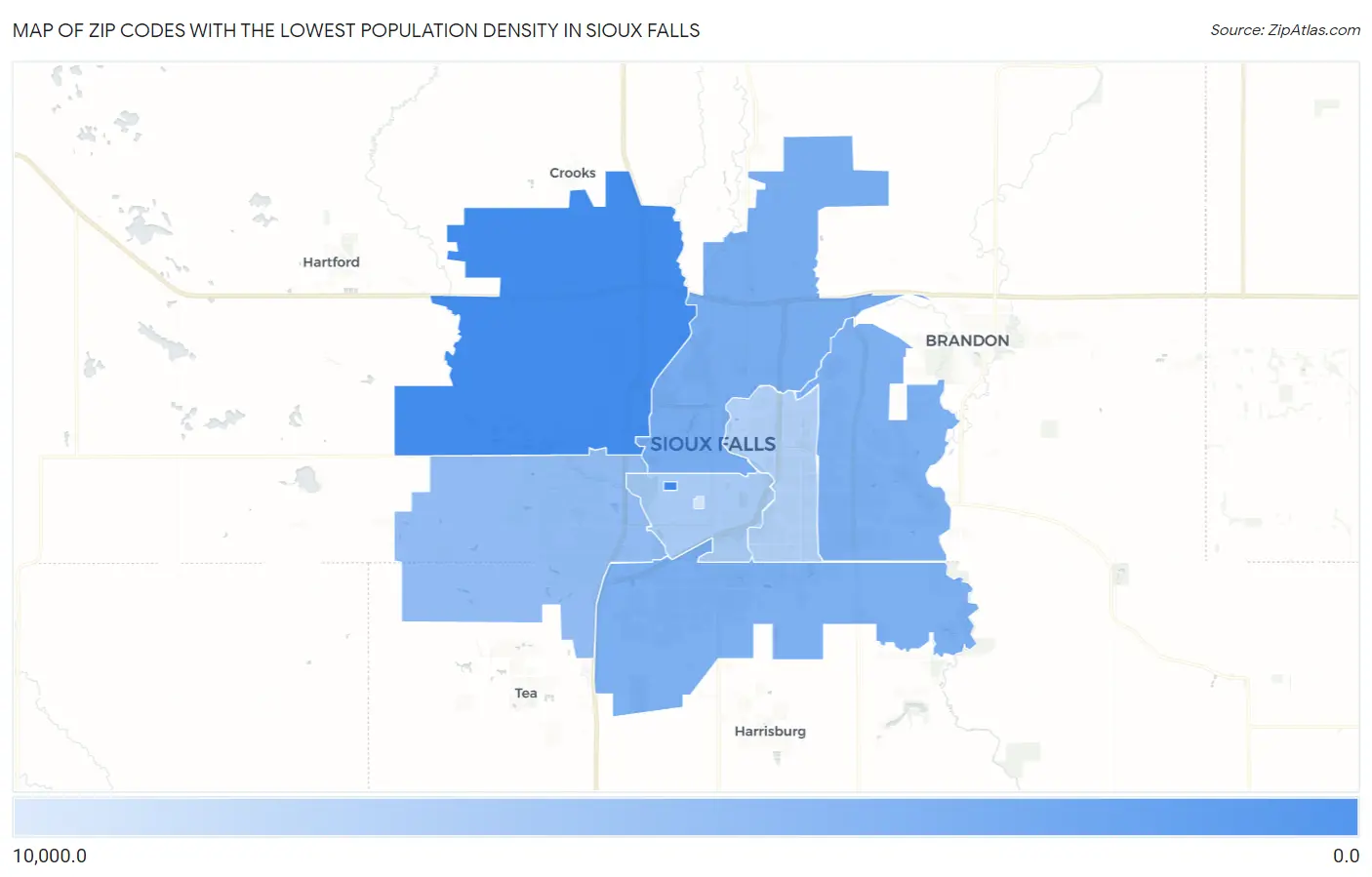 Zip Codes with the Lowest Population Density in Sioux Falls Map