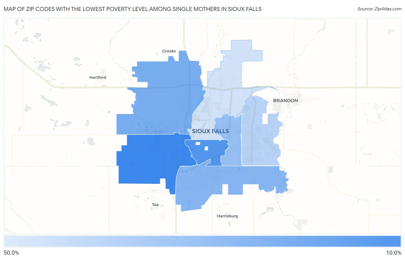 Zip Codes with the Lowest Poverty Level Among Single Mothers in Sioux Falls Map