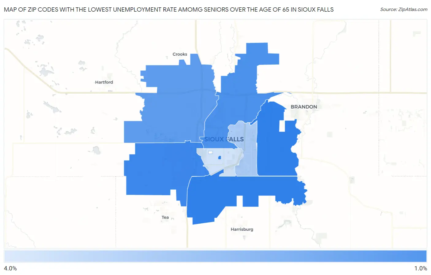 Zip Codes with the Lowest Unemployment Rate Amomg Seniors Over the Age of 65 in Sioux Falls Map