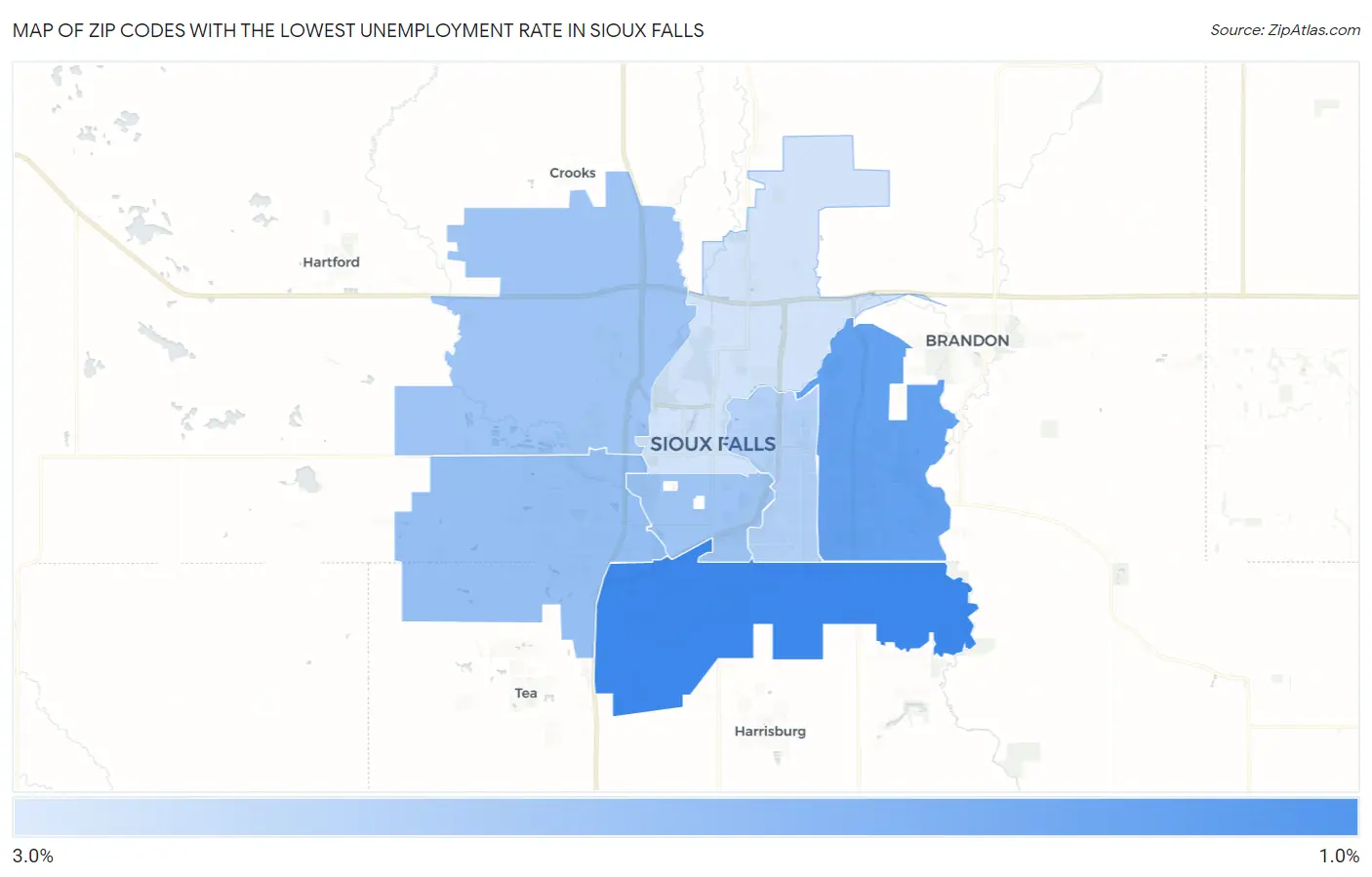 Zip Codes with the Lowest Unemployment Rate in Sioux Falls Map