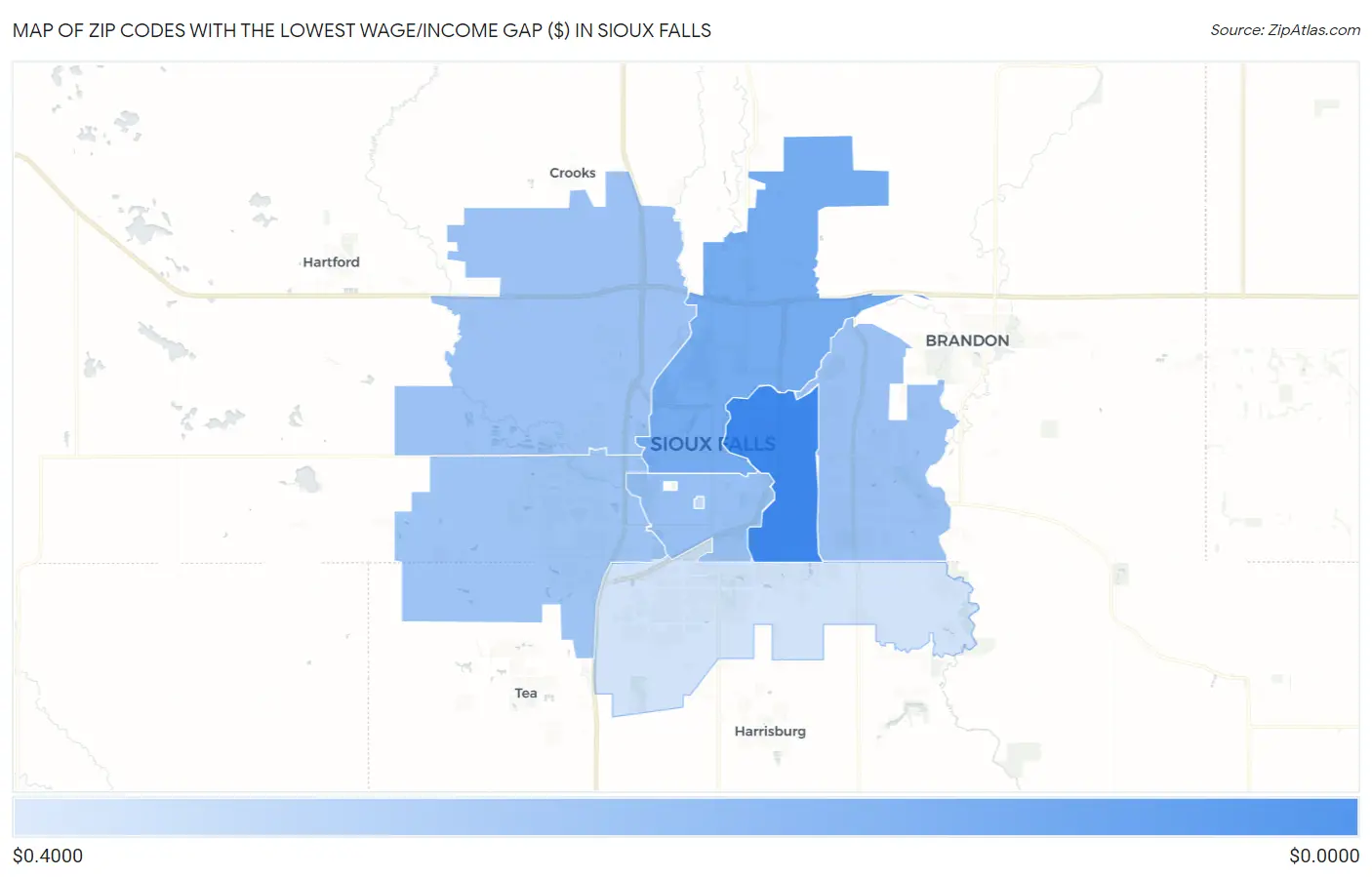 Zip Codes with the Lowest Wage/Income Gap ($) in Sioux Falls Map