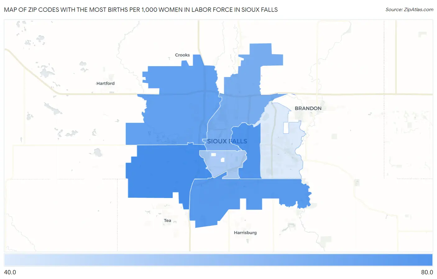 Zip Codes with the Most Births per 1,000 Women in Labor Force in Sioux Falls Map
