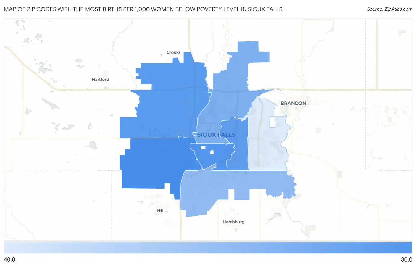 Zip Codes with the Most Births per 1,000 Women Below Poverty Level in Sioux Falls Map