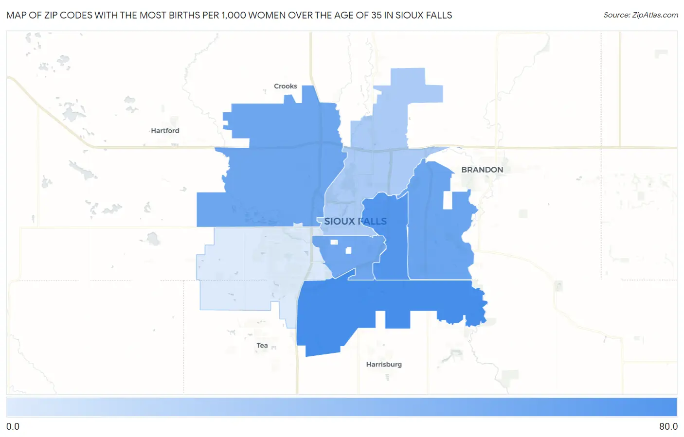 Zip Codes with the Most Births per 1,000 Women Over the Age of 35 in Sioux Falls Map