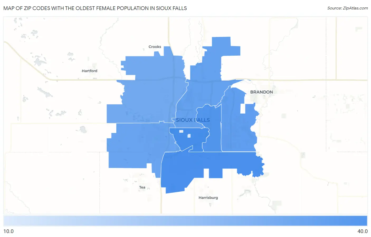 Zip Codes with the Oldest Female Population in Sioux Falls Map