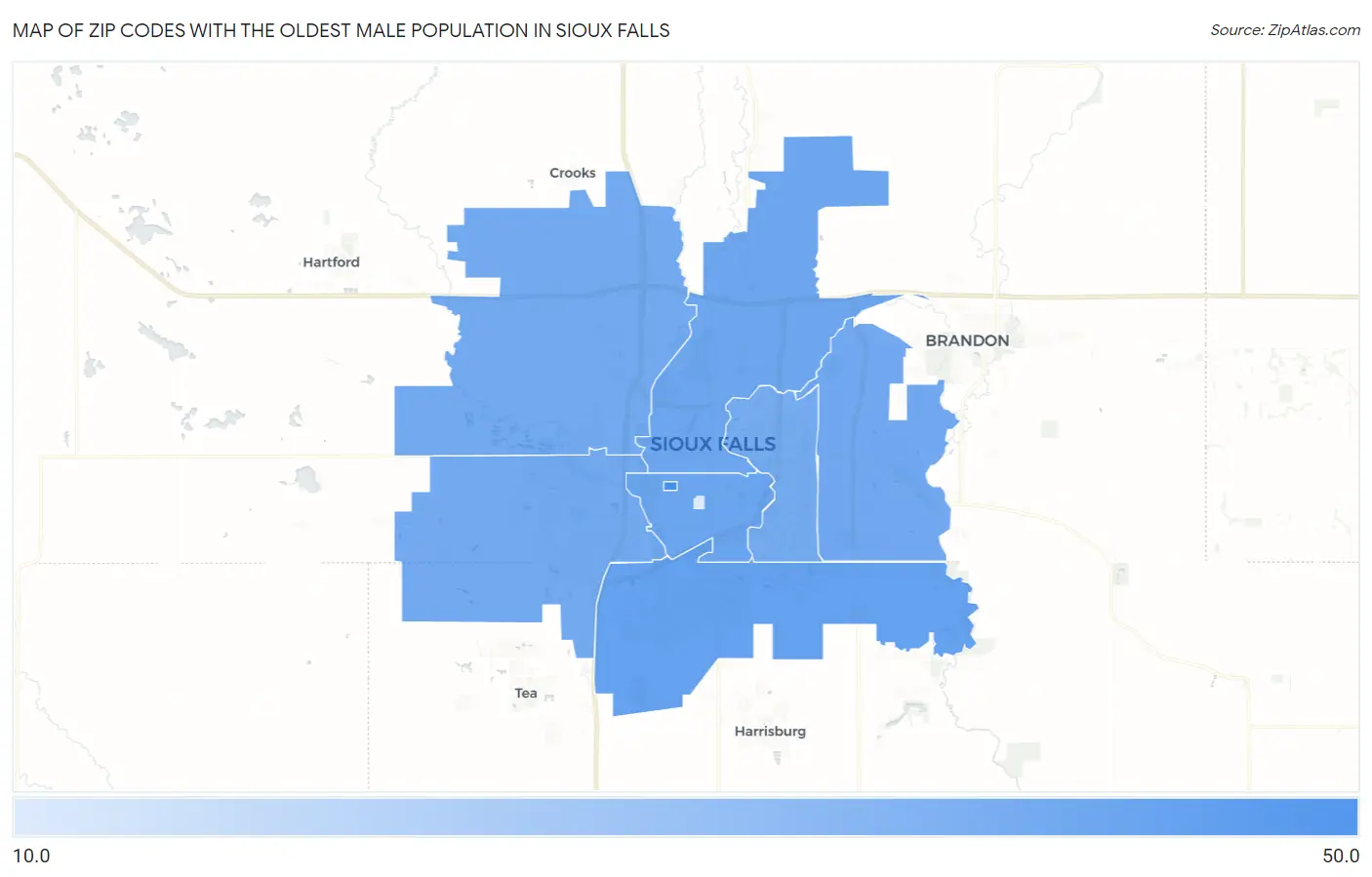 Zip Codes with the Oldest Male Population in Sioux Falls Map