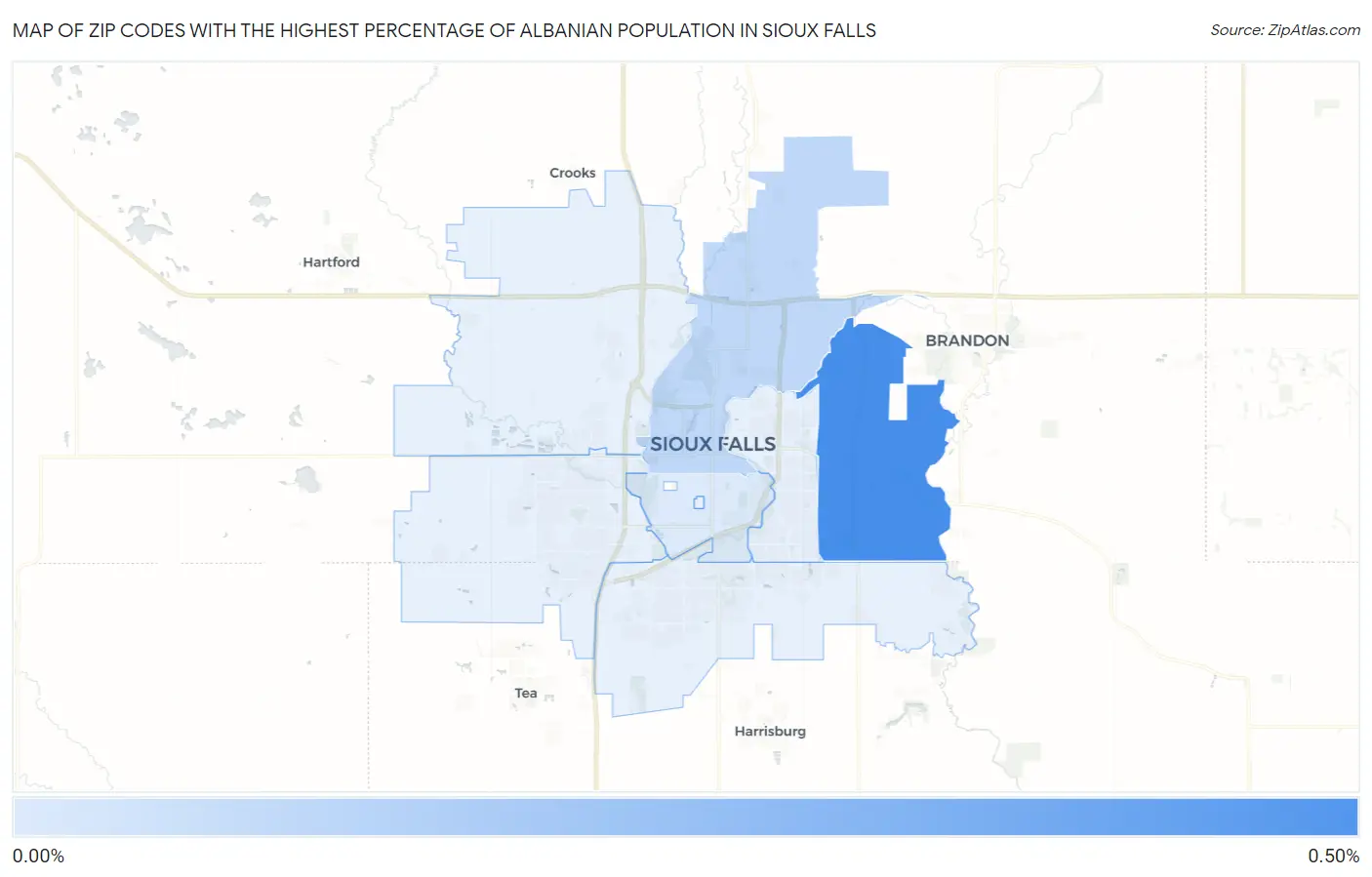 Zip Codes with the Highest Percentage of Albanian Population in Sioux Falls Map