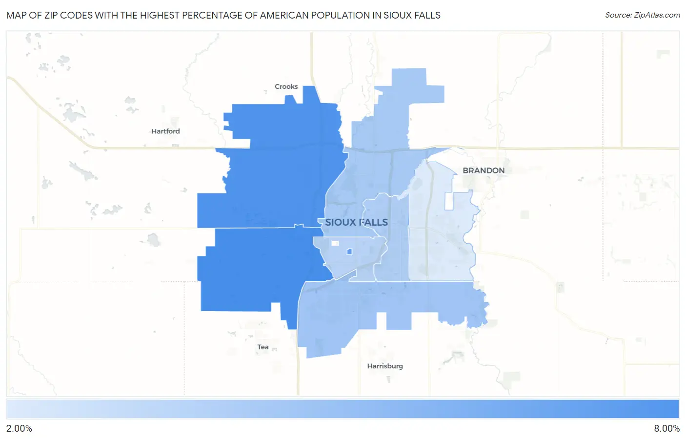 Zip Codes with the Highest Percentage of American Population in Sioux Falls Map