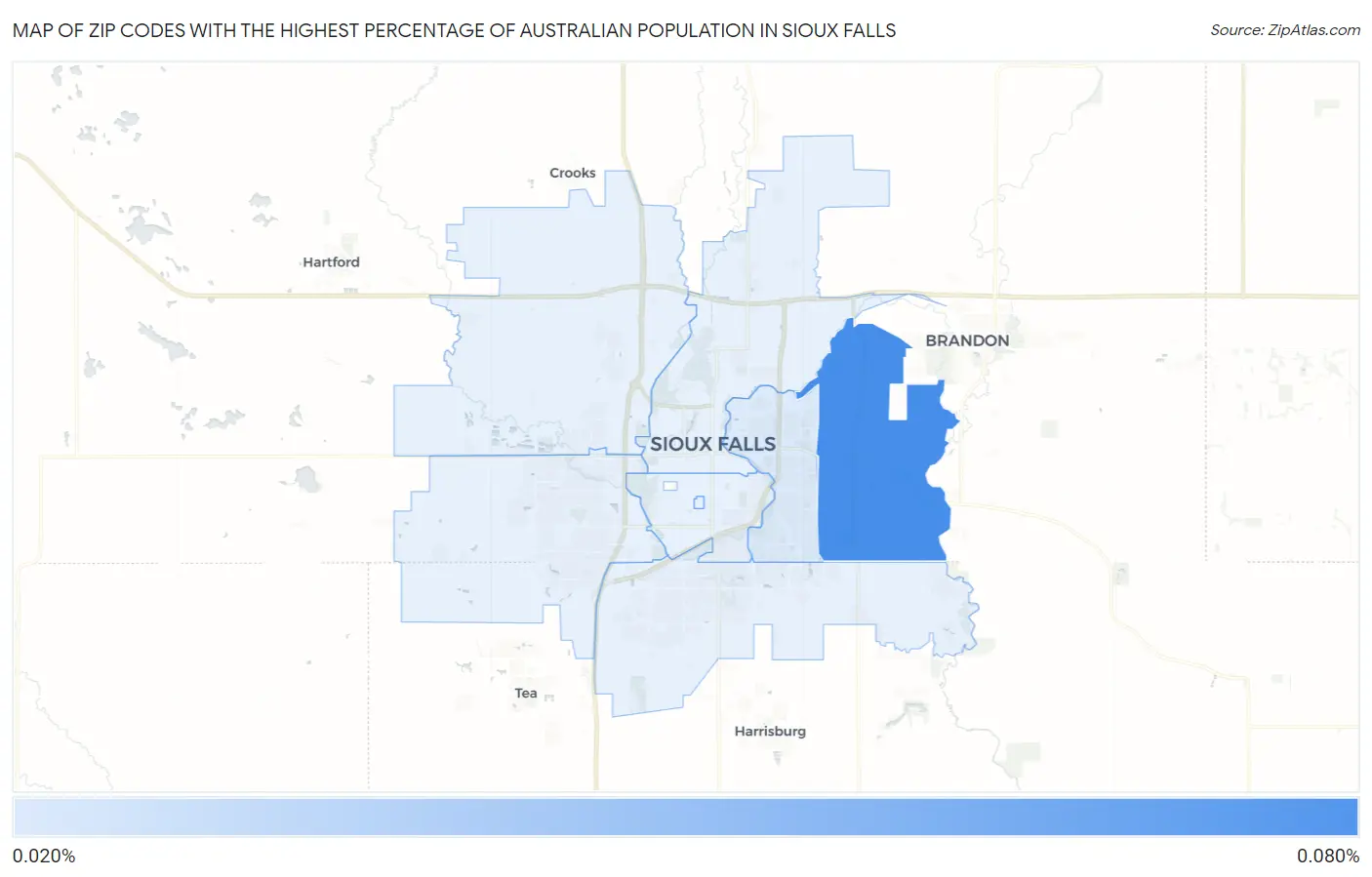 Zip Codes with the Highest Percentage of Australian Population in Sioux Falls Map