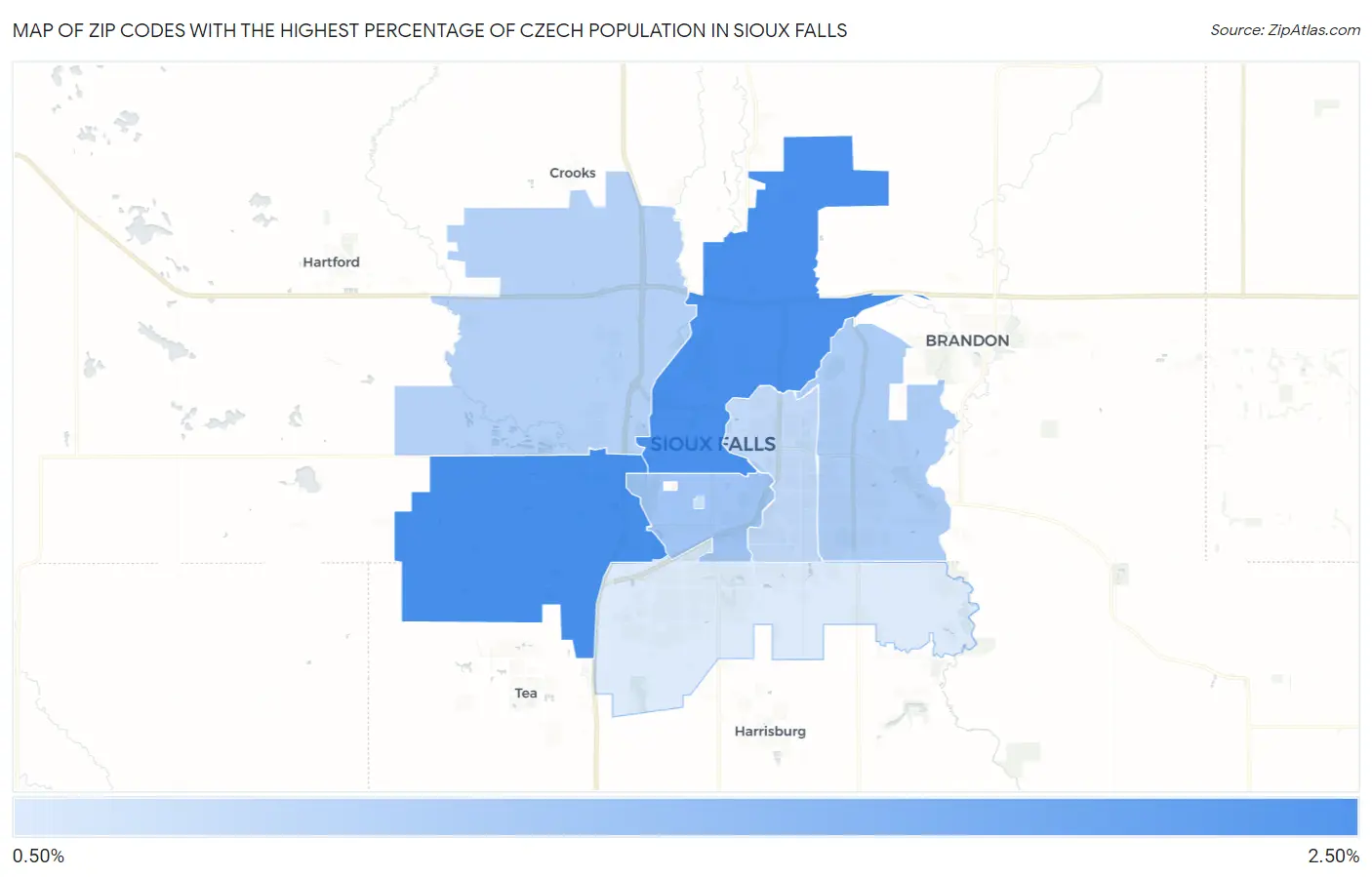 Zip Codes with the Highest Percentage of Czech Population in Sioux Falls Map