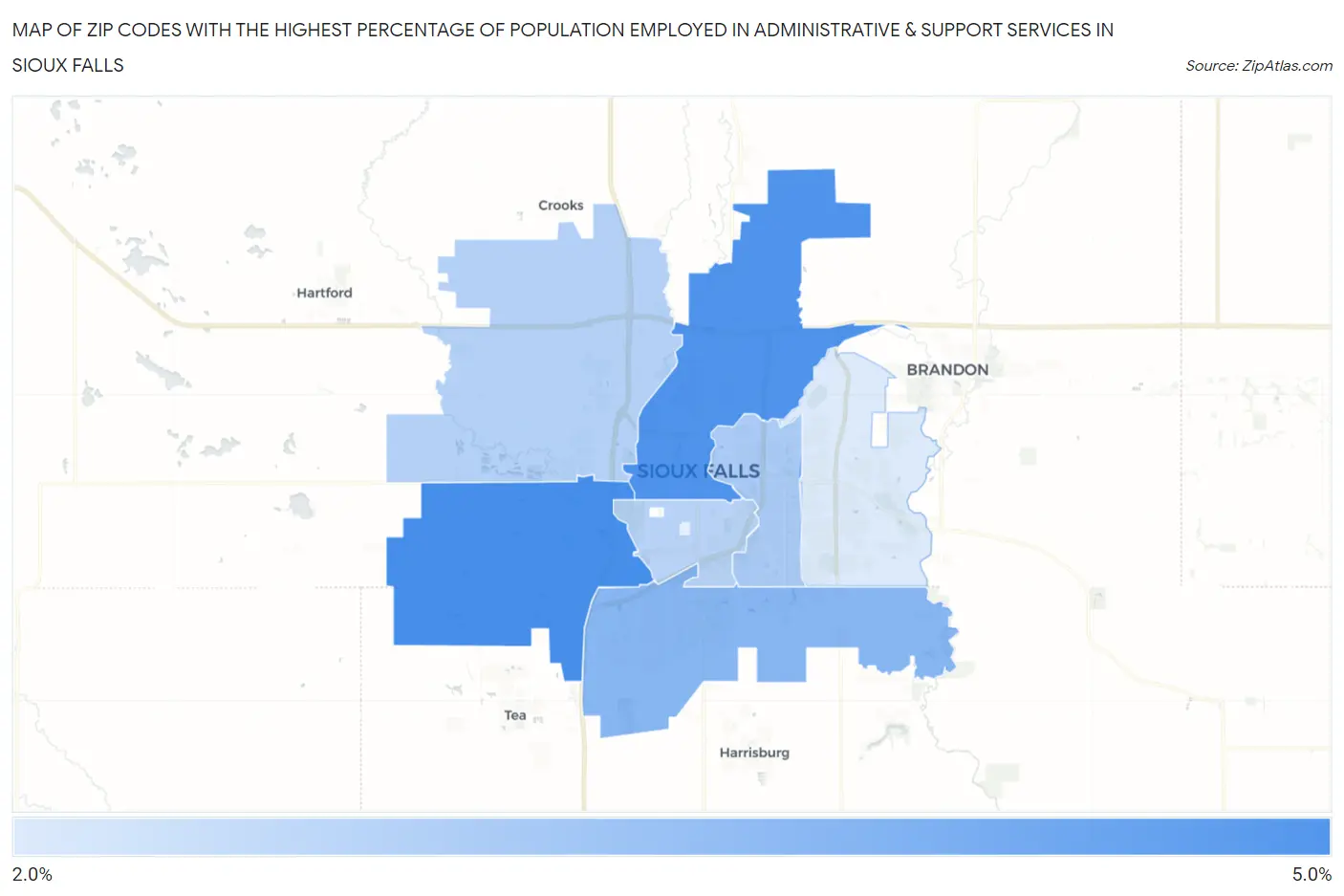 Zip Codes with the Highest Percentage of Population Employed in Administrative & Support Services in Sioux Falls Map