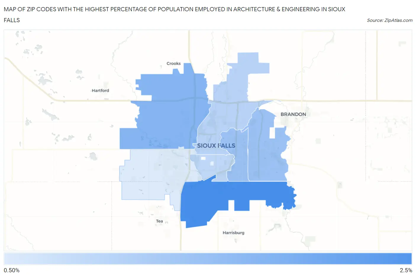 Zip Codes with the Highest Percentage of Population Employed in Architecture & Engineering in Sioux Falls Map