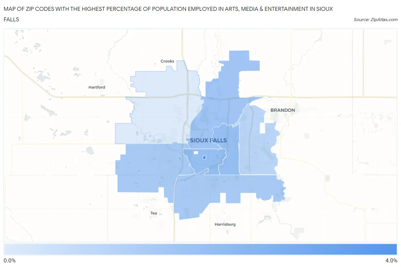 Zip Codes with the Highest Percentage of Population Employed in Arts, Media & Entertainment in Sioux Falls Map