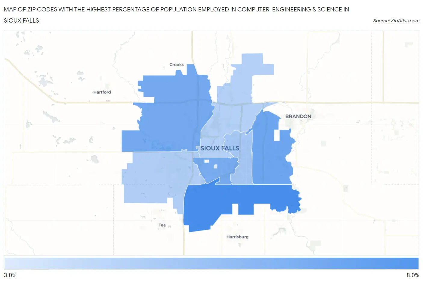 Zip Codes with the Highest Percentage of Population Employed in Computer, Engineering & Science in Sioux Falls Map
