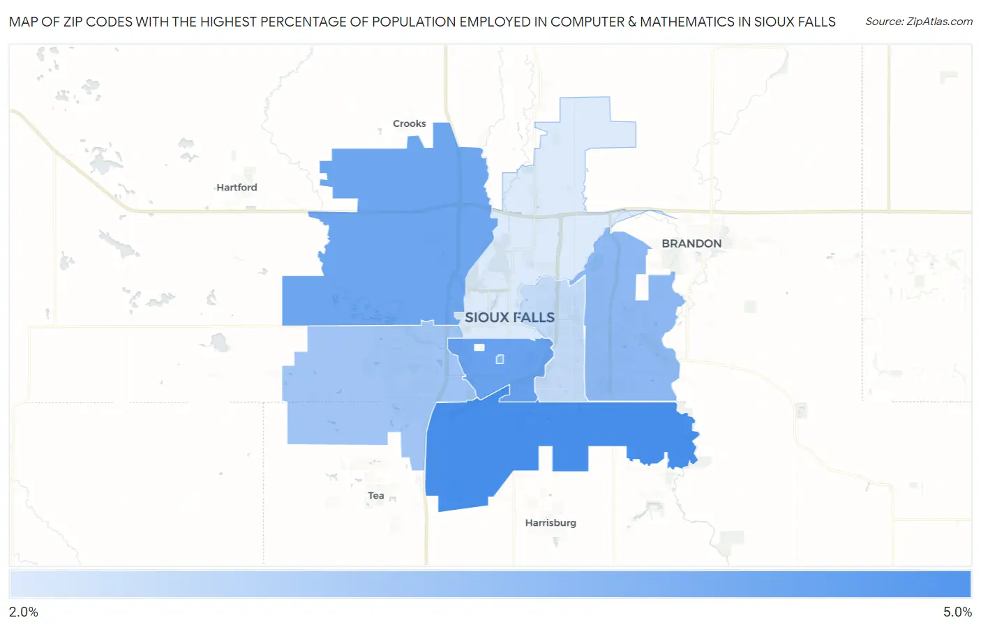 Zip Codes with the Highest Percentage of Population Employed in Computer & Mathematics in Sioux Falls Map
