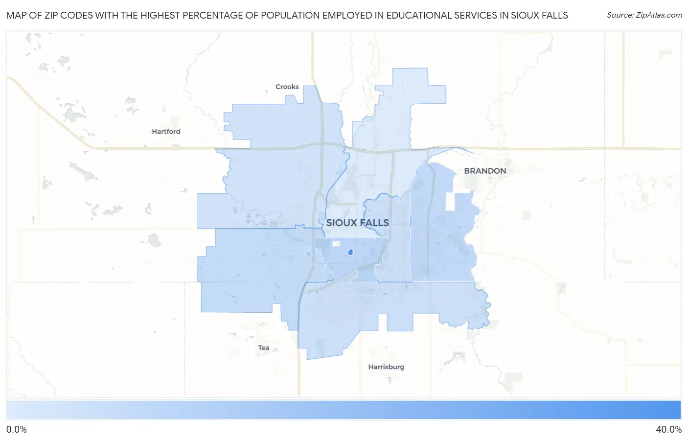 Zip Codes with the Highest Percentage of Population Employed in Educational Services in Sioux Falls Map
