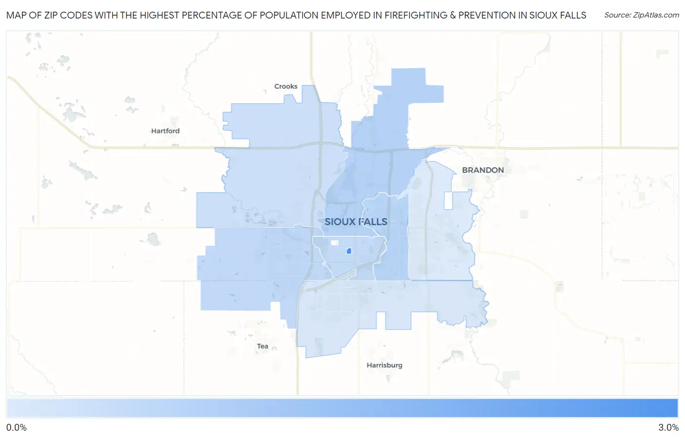 Zip Codes with the Highest Percentage of Population Employed in Firefighting & Prevention in Sioux Falls Map