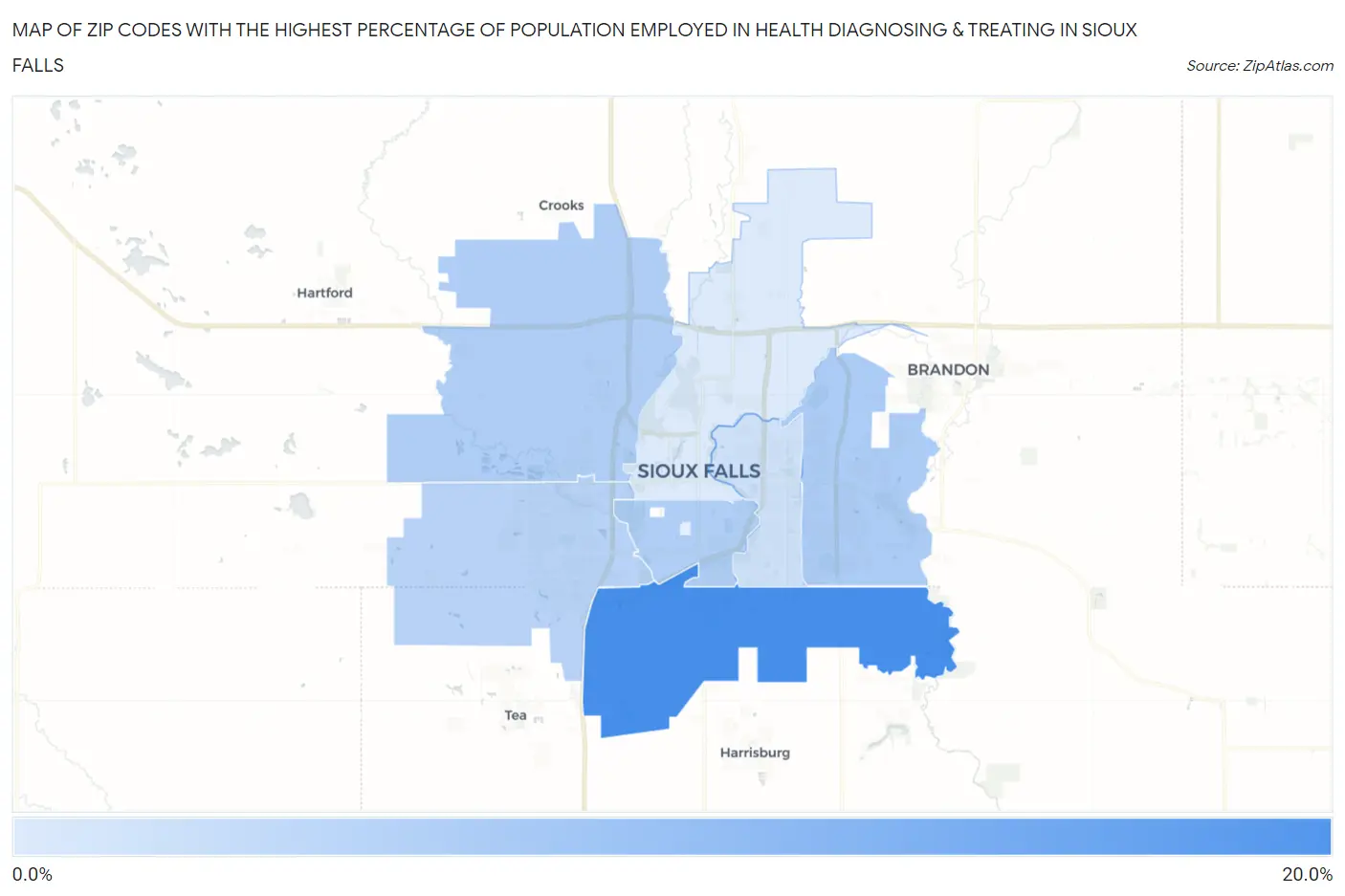 Zip Codes with the Highest Percentage of Population Employed in Health Diagnosing & Treating in Sioux Falls Map