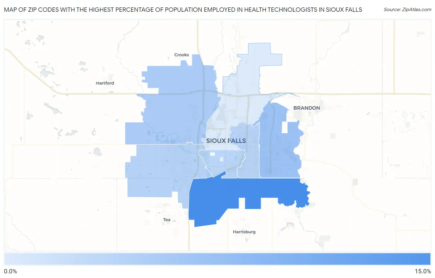 Zip Codes with the Highest Percentage of Population Employed in Health Technologists in Sioux Falls Map