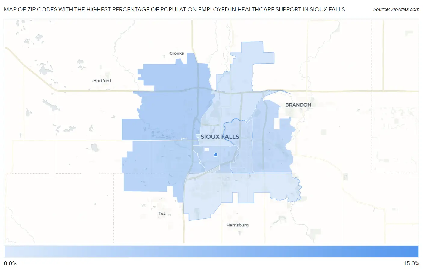 Zip Codes with the Highest Percentage of Population Employed in Healthcare Support in Sioux Falls Map