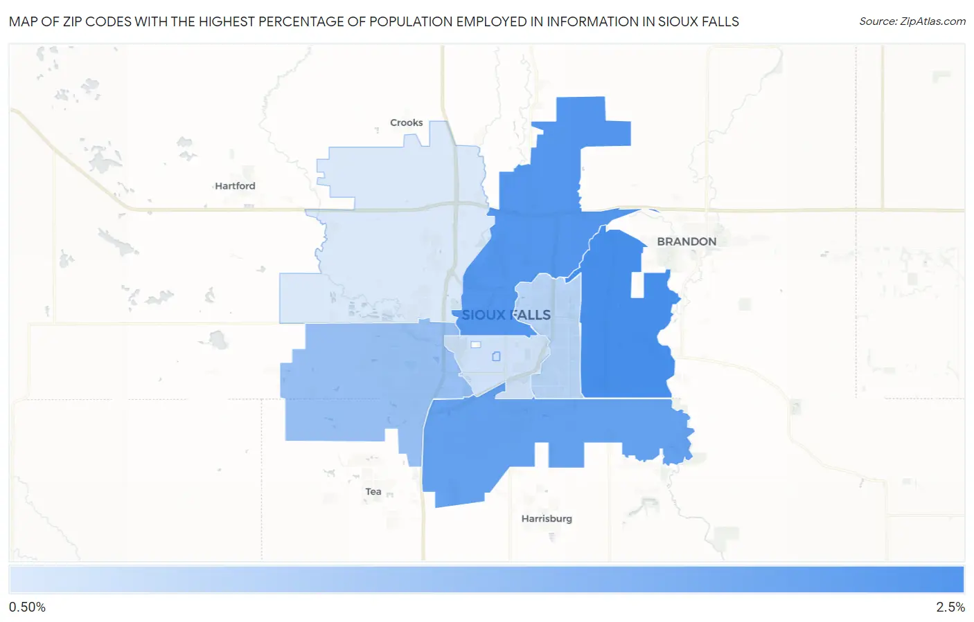 Zip Codes with the Highest Percentage of Population Employed in Information in Sioux Falls Map