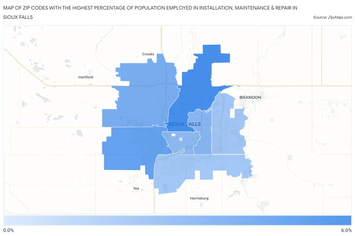 Zip Codes with the Highest Percentage of Population Employed in Installation, Maintenance & Repair in Sioux Falls Map