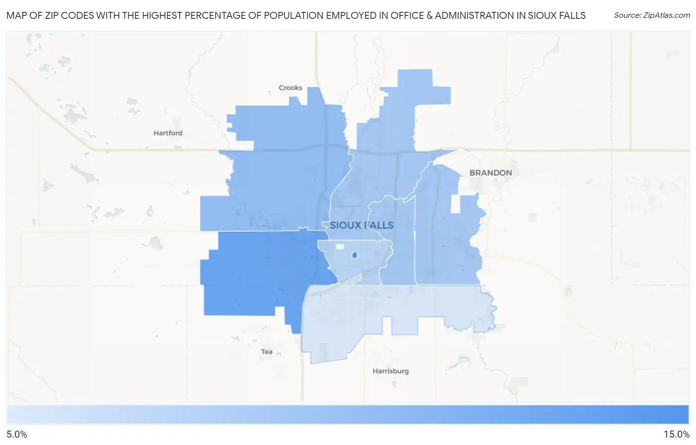 Zip Codes with the Highest Percentage of Population Employed in Office & Administration in Sioux Falls Map