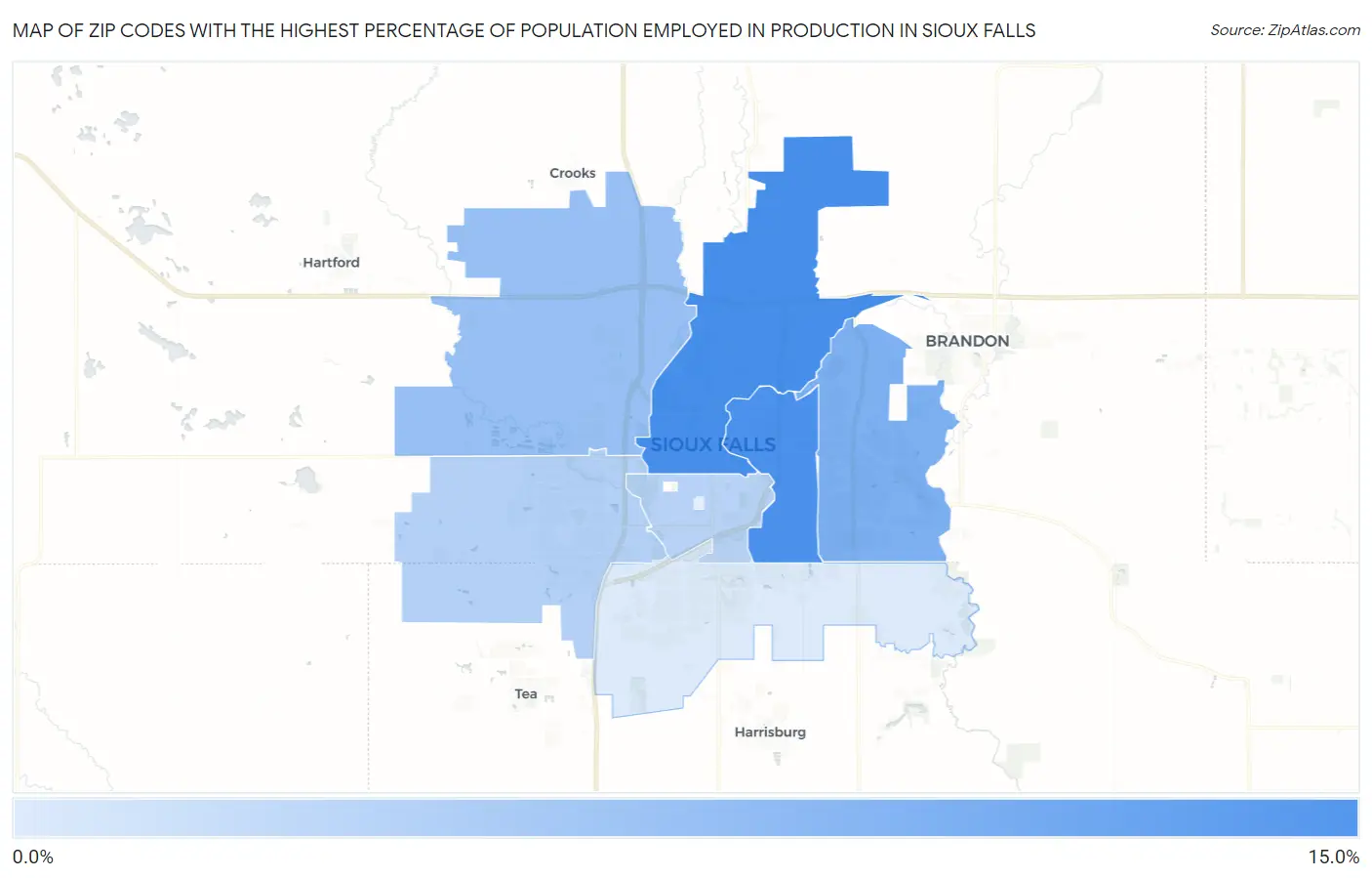 Zip Codes with the Highest Percentage of Population Employed in Production in Sioux Falls Map
