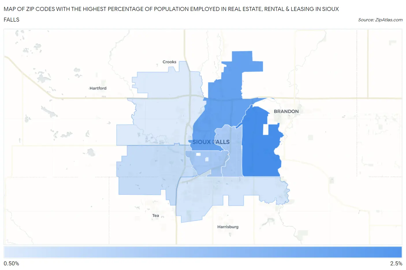 Zip Codes with the Highest Percentage of Population Employed in Real Estate, Rental & Leasing in Sioux Falls Map