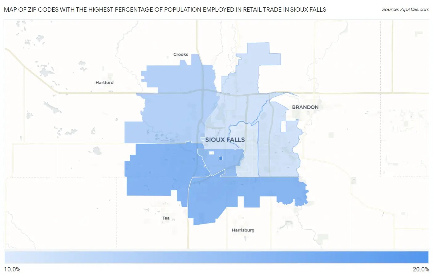 Zip Codes with the Highest Percentage of Population Employed in Retail Trade in Sioux Falls Map