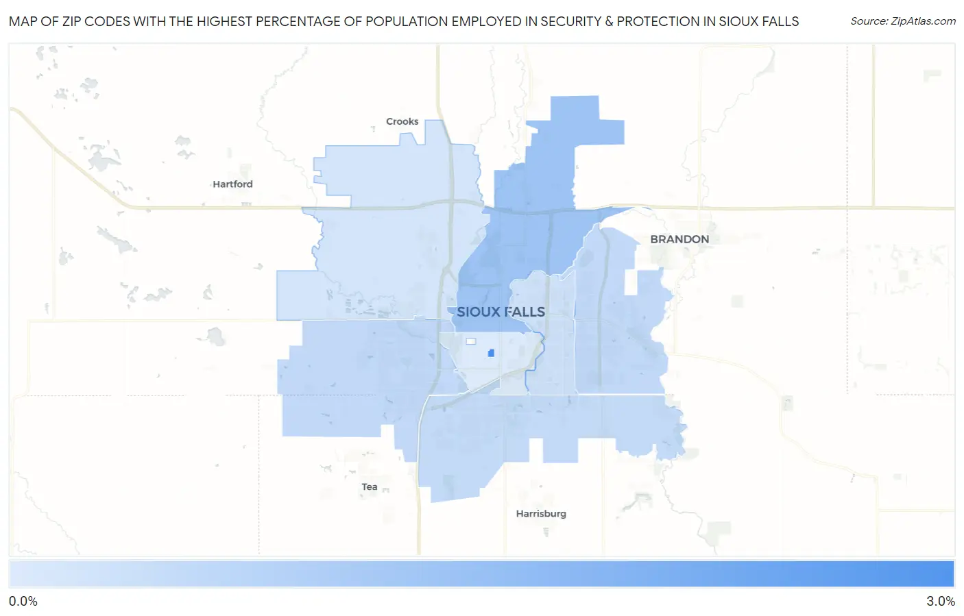 Zip Codes with the Highest Percentage of Population Employed in Security & Protection in Sioux Falls Map