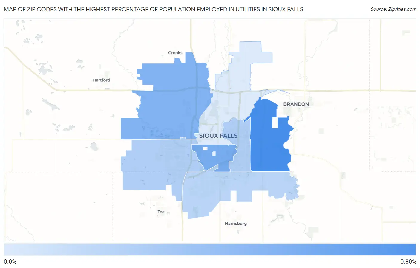 Zip Codes with the Highest Percentage of Population Employed in Utilities in Sioux Falls Map