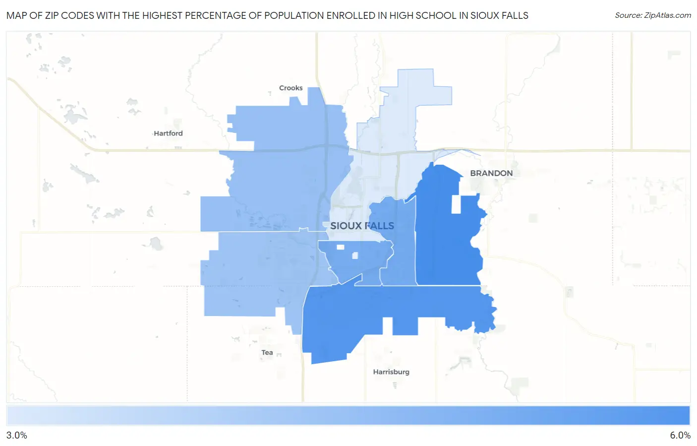 Zip Codes with the Highest Percentage of Population Enrolled in High School in Sioux Falls Map