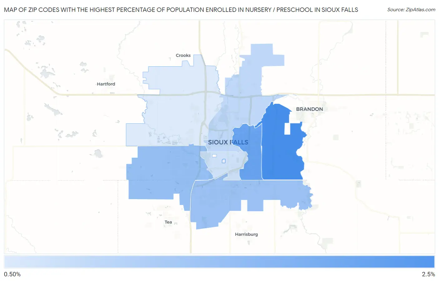 Zip Codes with the Highest Percentage of Population Enrolled in Nursery / Preschool in Sioux Falls Map