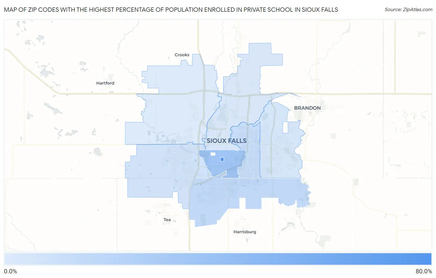 Zip Codes with the Highest Percentage of Population Enrolled in Private School in Sioux Falls Map