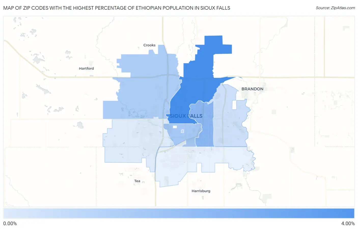 Zip Codes with the Highest Percentage of Ethiopian Population in Sioux Falls Map