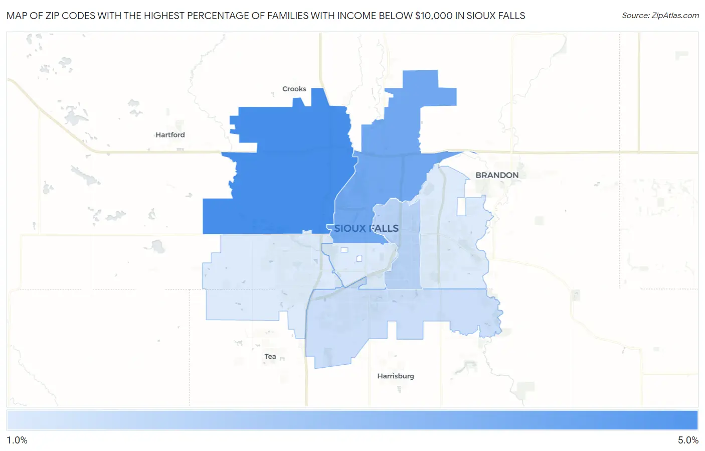 Zip Codes with the Highest Percentage of Families with Income Below $10,000 in Sioux Falls Map