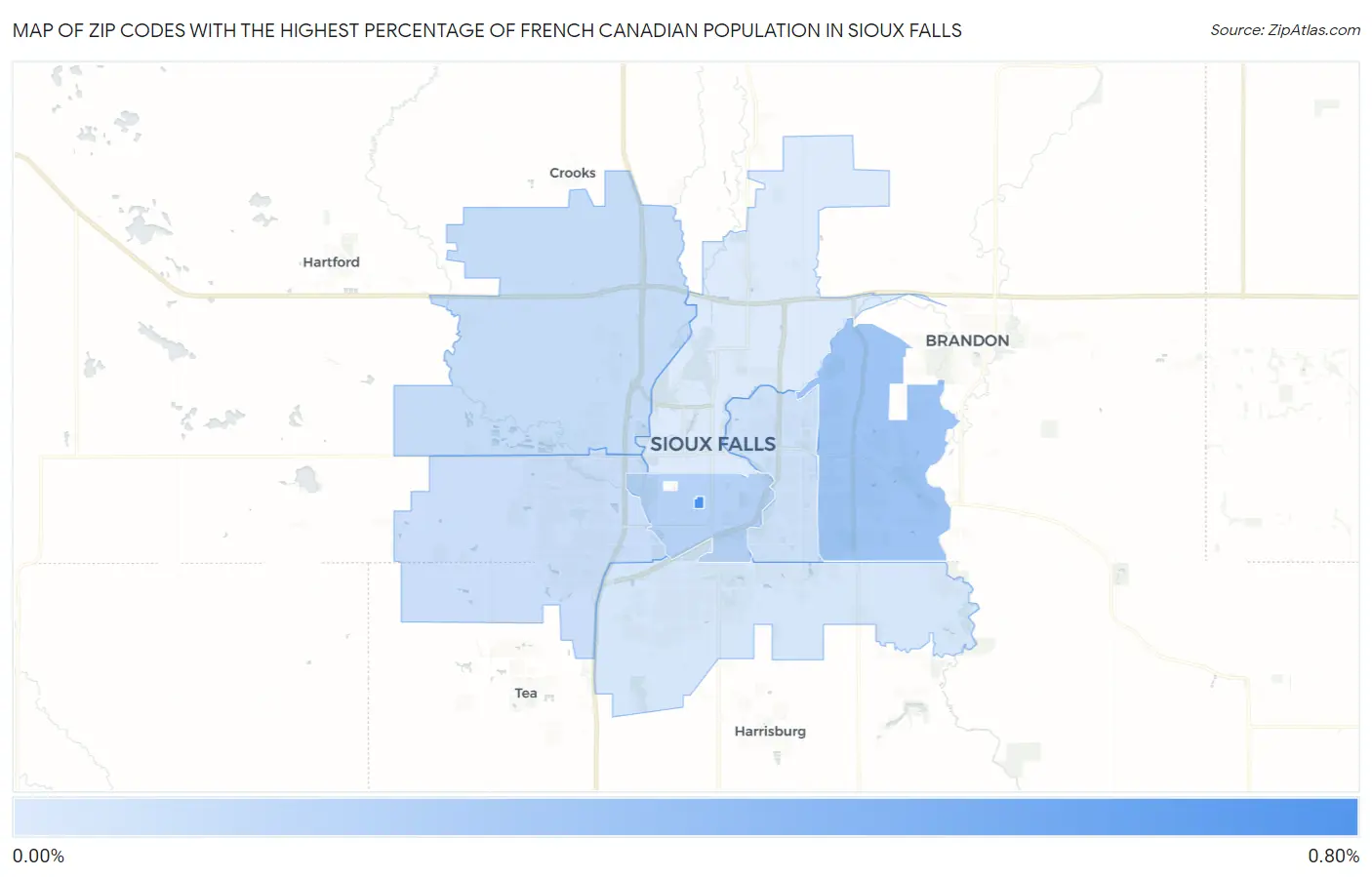 Zip Codes with the Highest Percentage of French Canadian Population in Sioux Falls Map