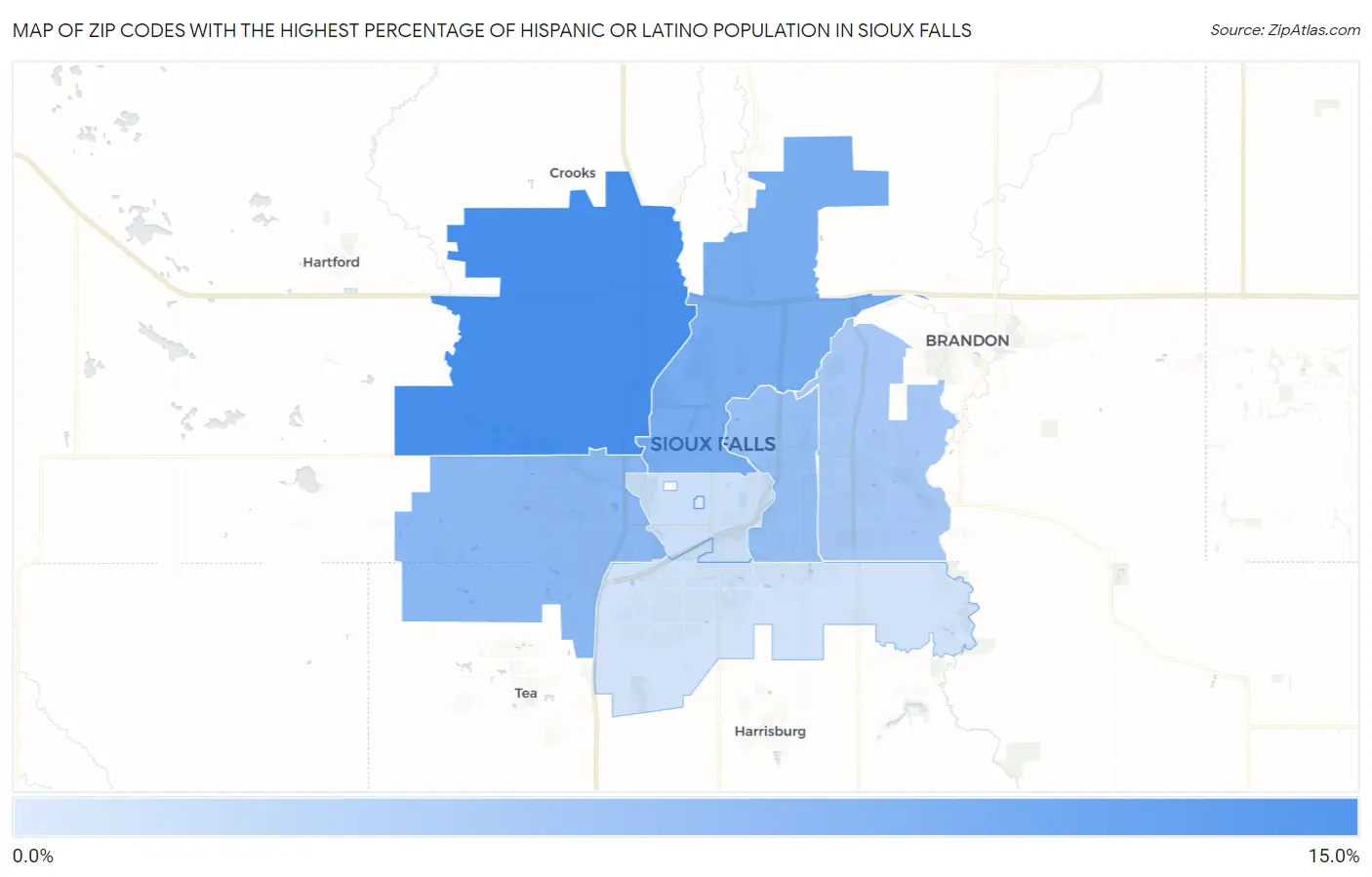 Zip Codes with the Highest Percentage of Hispanic or Latino Population in Sioux Falls Map
