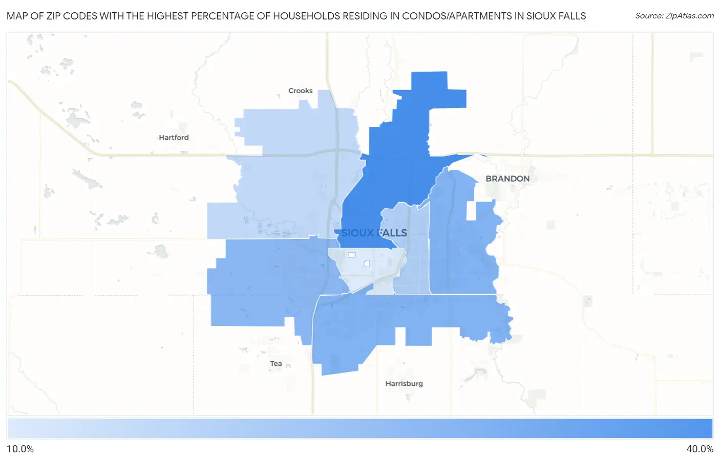 Zip Codes with the Highest Percentage of Households Residing in Condos/Apartments in Sioux Falls Map