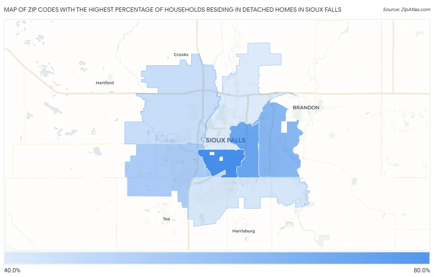Zip Codes with the Highest Percentage of Households Residing in Detached Homes in Sioux Falls Map