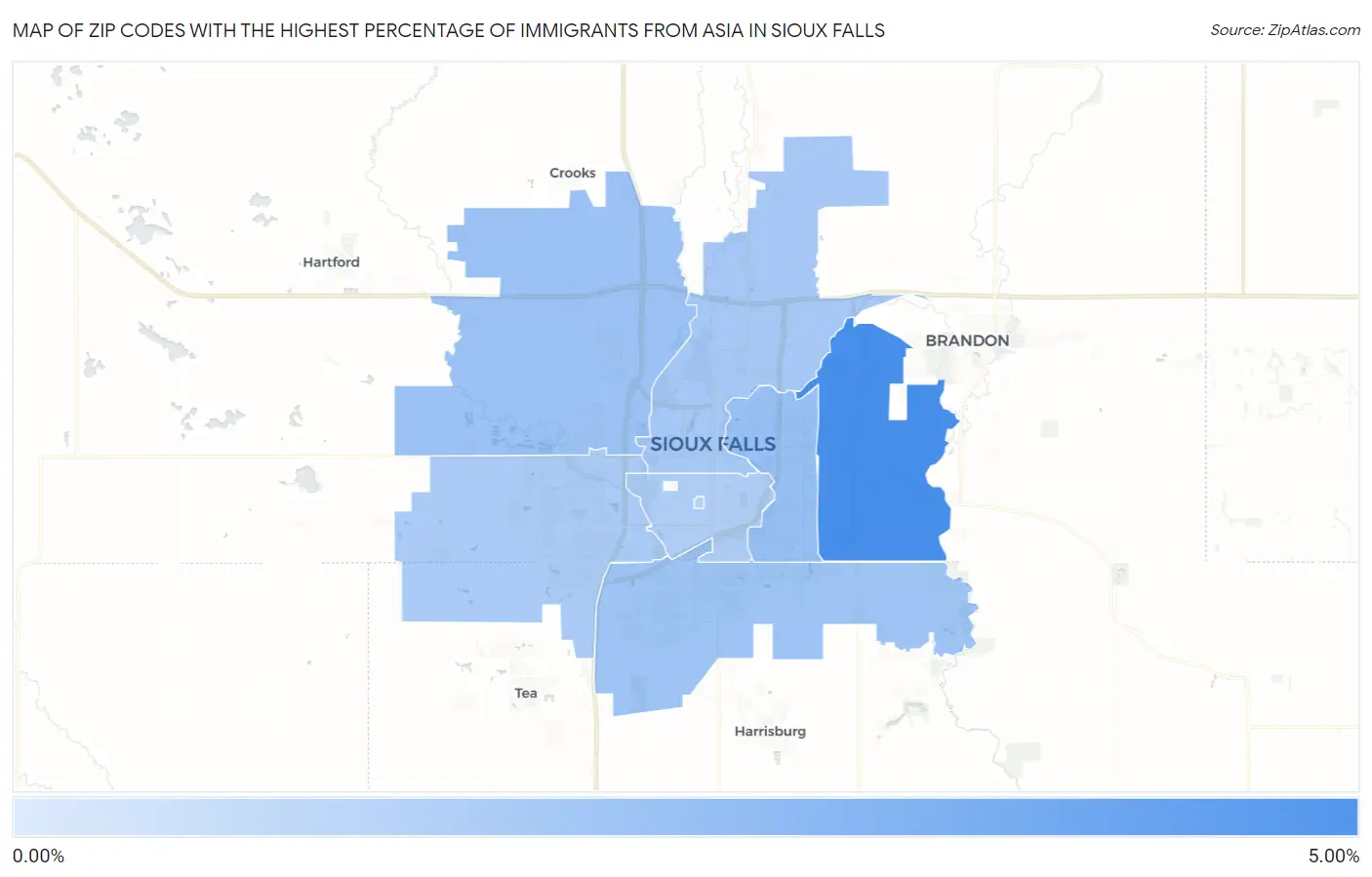 Zip Codes with the Highest Percentage of Immigrants from Asia in Sioux Falls Map