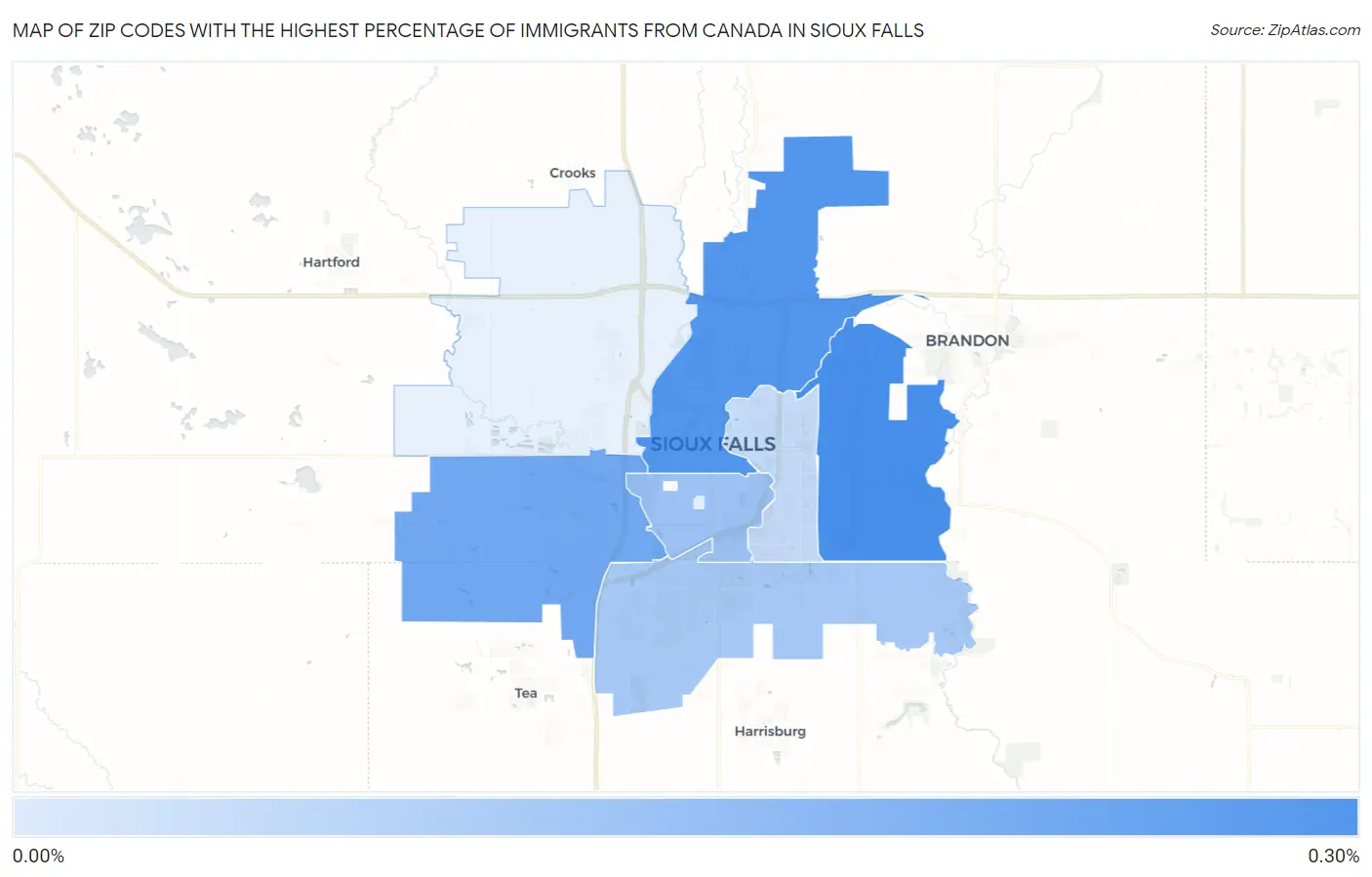 Zip Codes with the Highest Percentage of Immigrants from Canada in Sioux Falls Map