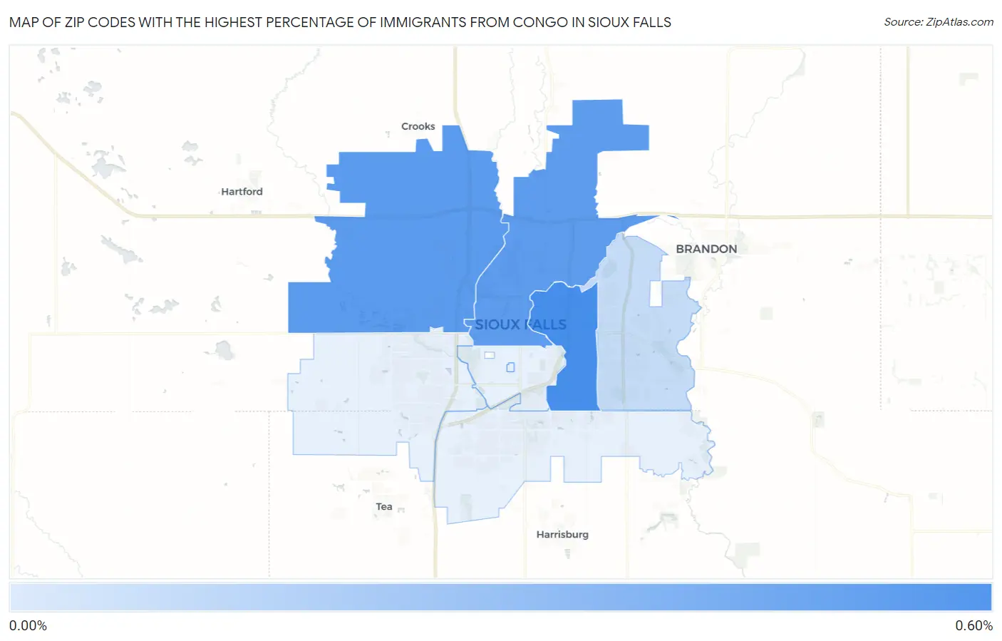 Zip Codes with the Highest Percentage of Immigrants from Congo in Sioux Falls Map