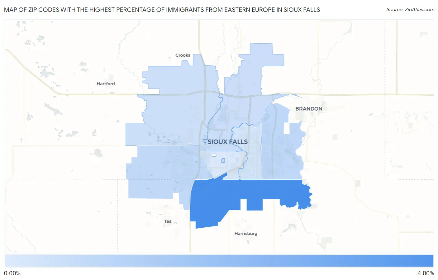 Zip Codes with the Highest Percentage of Immigrants from Eastern Europe in Sioux Falls Map