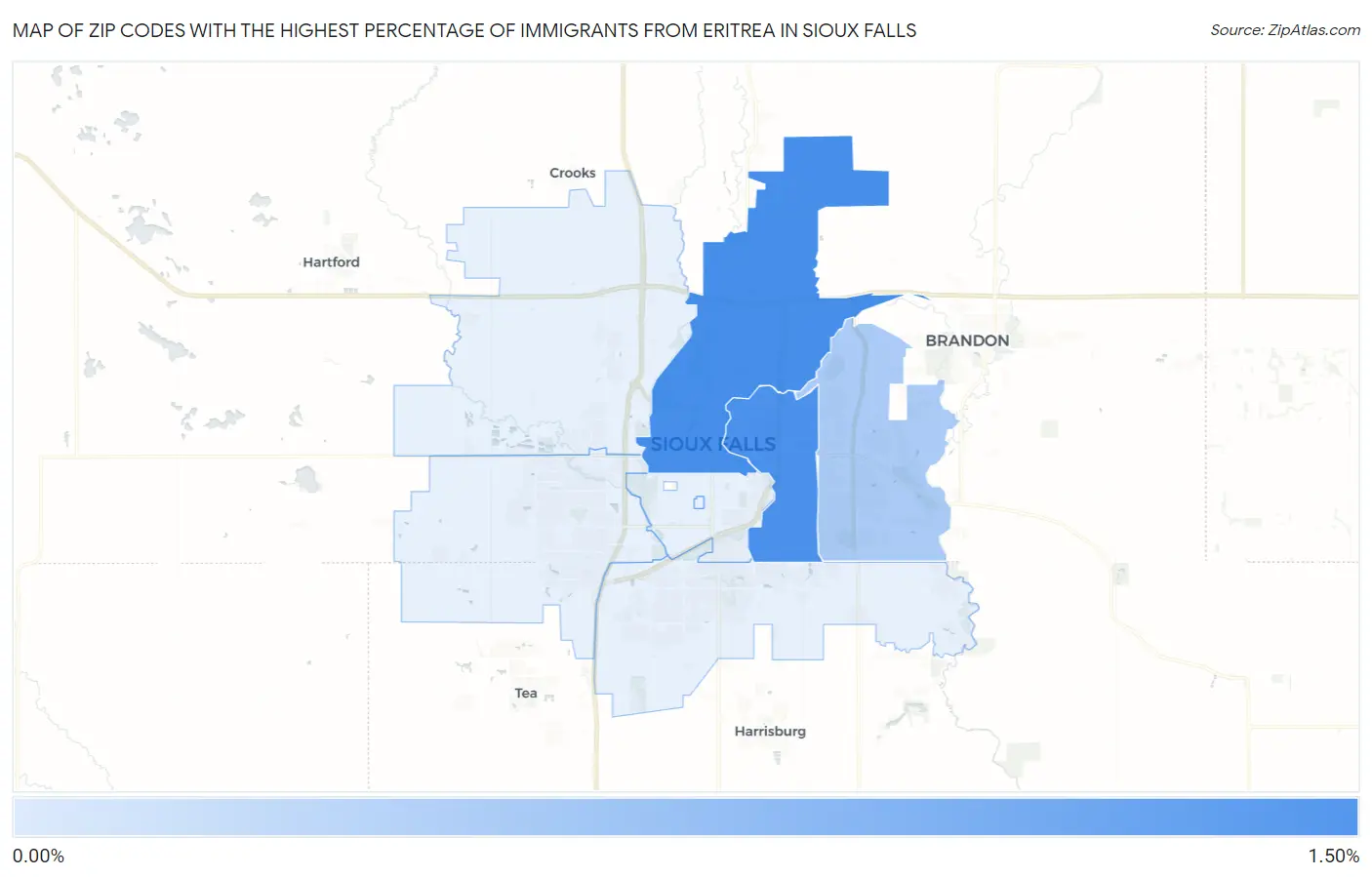 Zip Codes with the Highest Percentage of Immigrants from Eritrea in Sioux Falls Map
