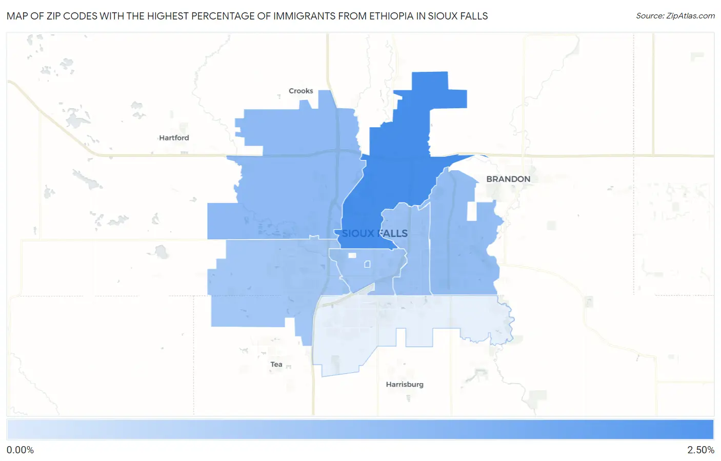 Zip Codes with the Highest Percentage of Immigrants from Ethiopia in Sioux Falls Map
