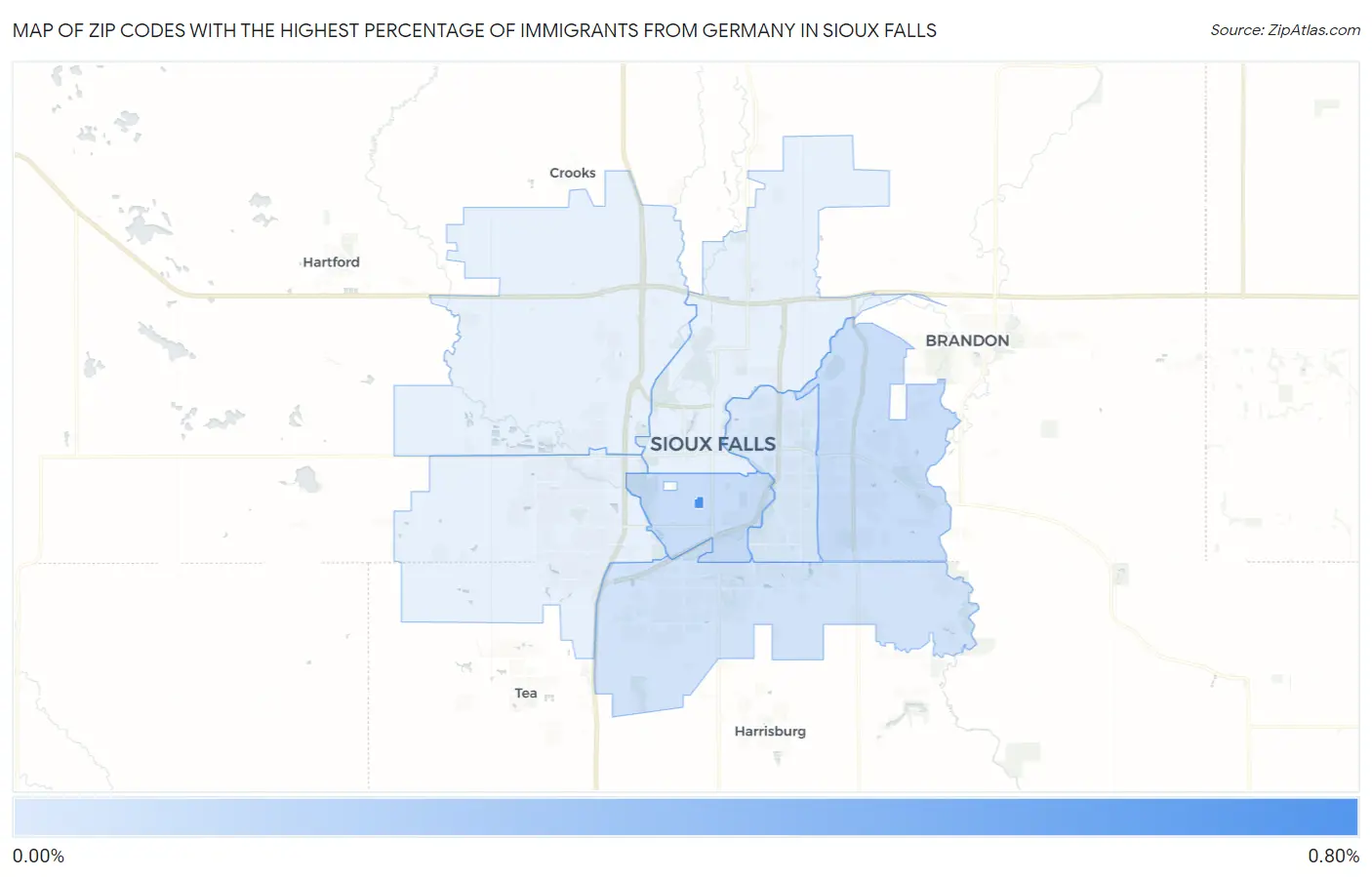 Zip Codes with the Highest Percentage of Immigrants from Germany in Sioux Falls Map